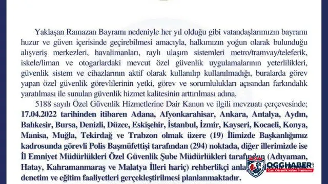 Özel Güvenlik Denetleme Başkanlığı Bayram Öncesi Denetimlere Başlayacak