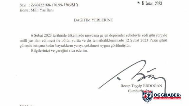 Ülkemizde 7 Gün Milli Yas İlan Edildi