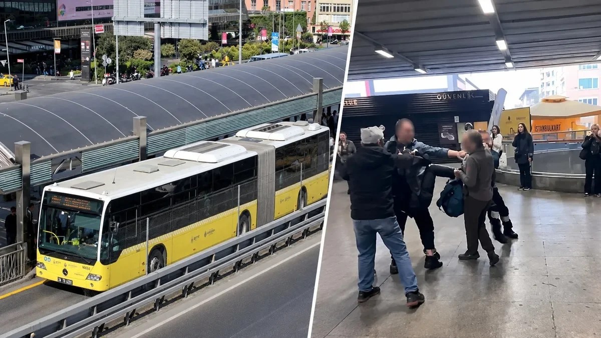 Mecidiyeköy metrobüs durağında ortalık karıştı! Güvenlik görevlisinin tekmesi kamerada